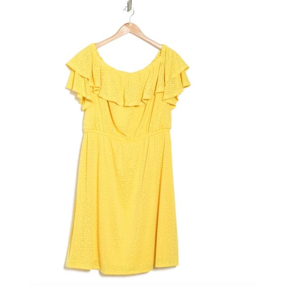 NWT London Times Yellow Eyelet Ruffle Off The Shoulder Dress - 2X - Picture 3 of 3